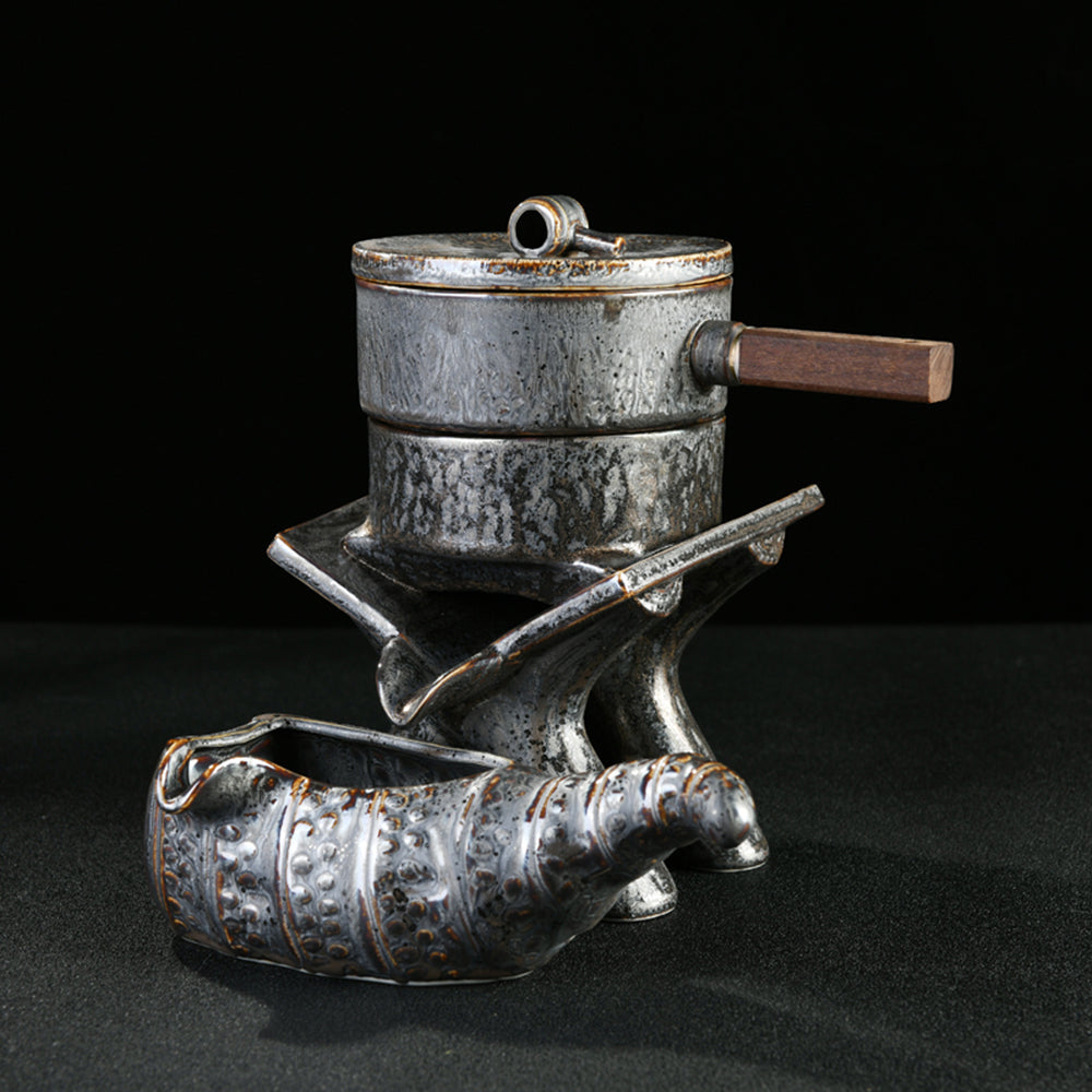 Stone Mill Tea Set With Black Gold Stone Tea Tray