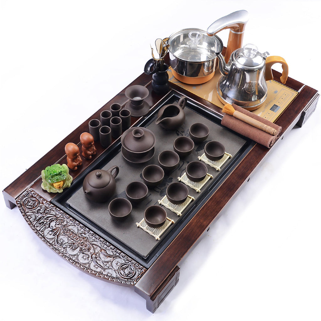 Purple Clay Tea Set With Solid Wood Tea Tray