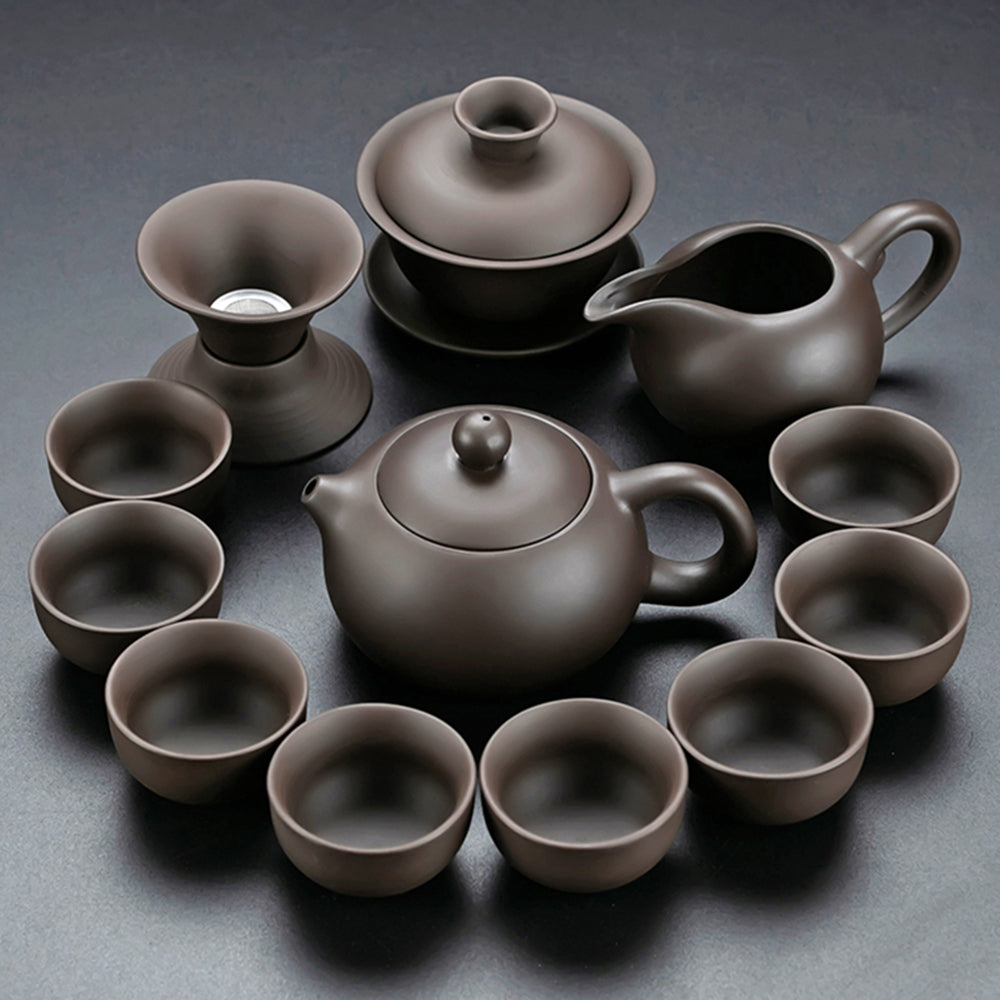 Purple Clay Tea Set With Solid Wood Tea Tray