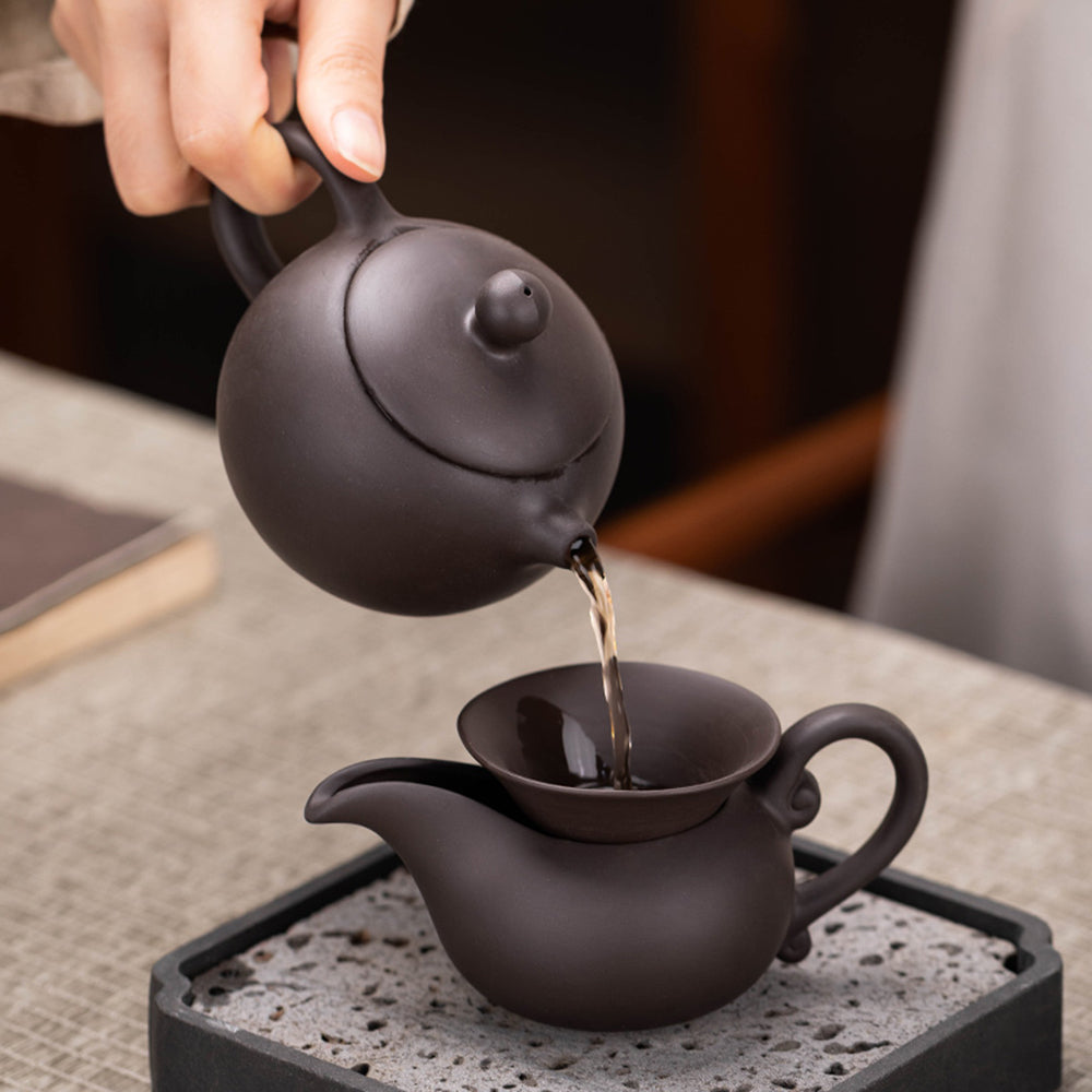 Purple Clay Tea Set With Solid Wood Tea Tray