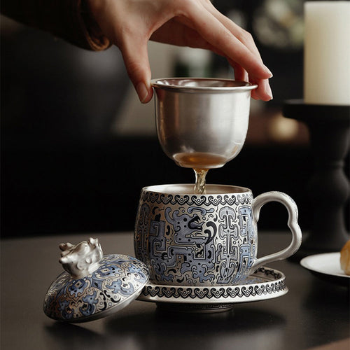 中国饕餮纹纯银茶杯