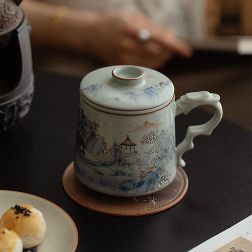 中式汝窑山水茶杯带茶滤