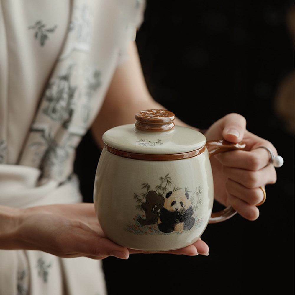 中国汝窑熊猫茶杯带茶滤
