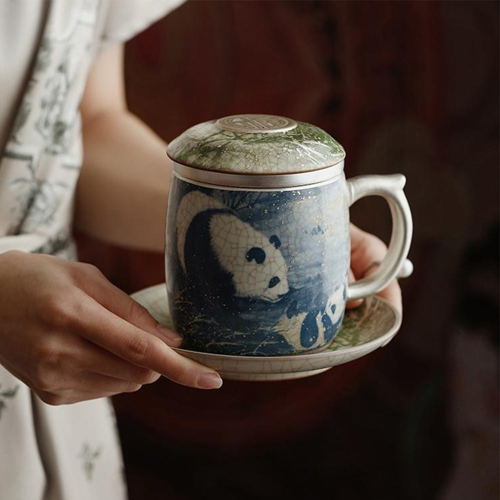 中国汝窑熊猫竹子茶杯