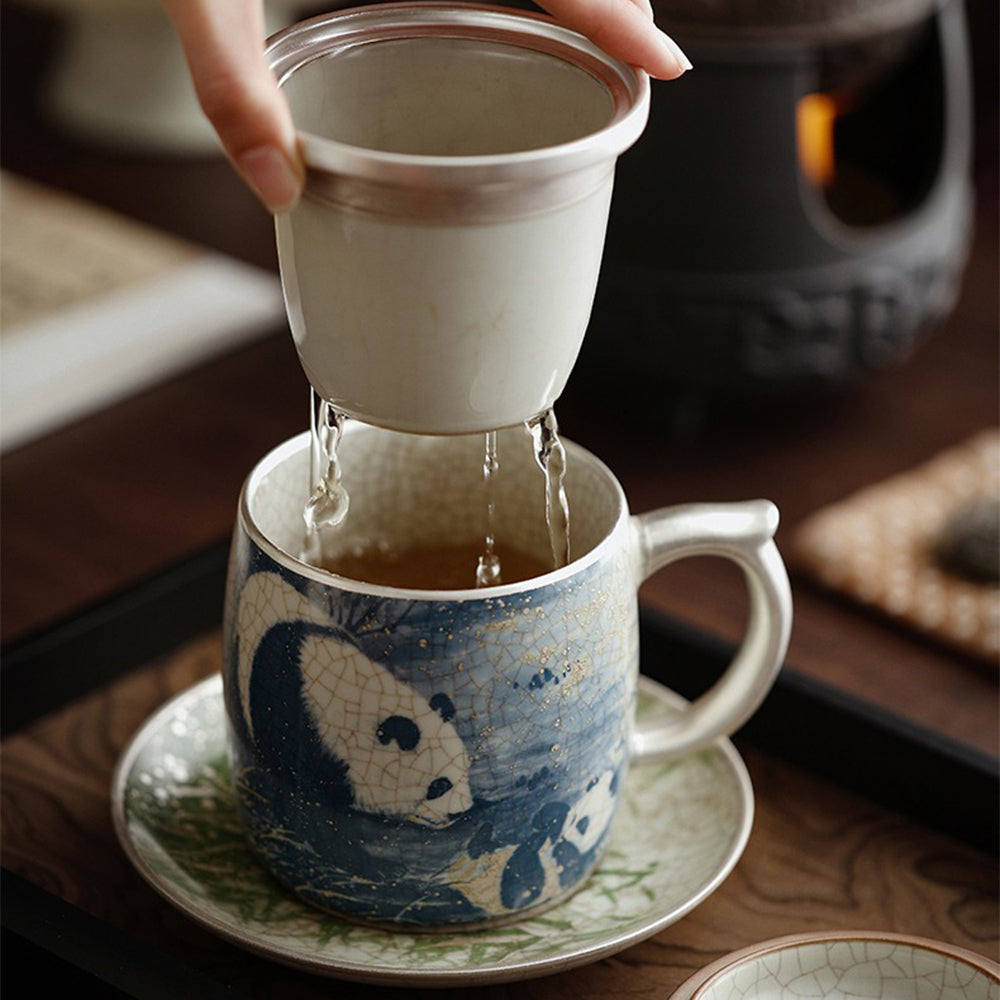 中国汝窑熊猫竹子茶杯