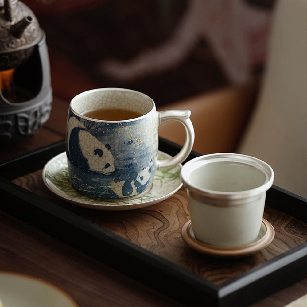 中国汝窑熊猫竹子茶杯