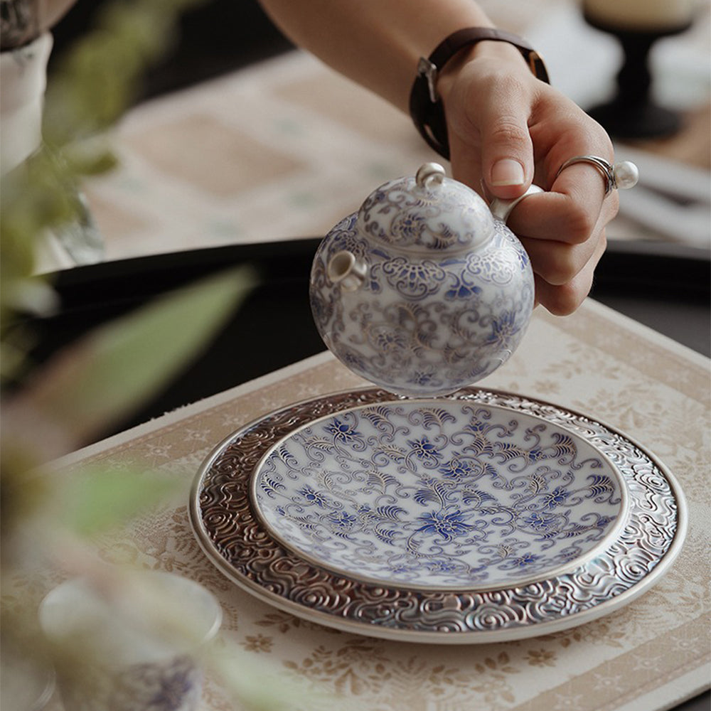 Chinese Silver-Gilt Blue And White Porcelain Teapot