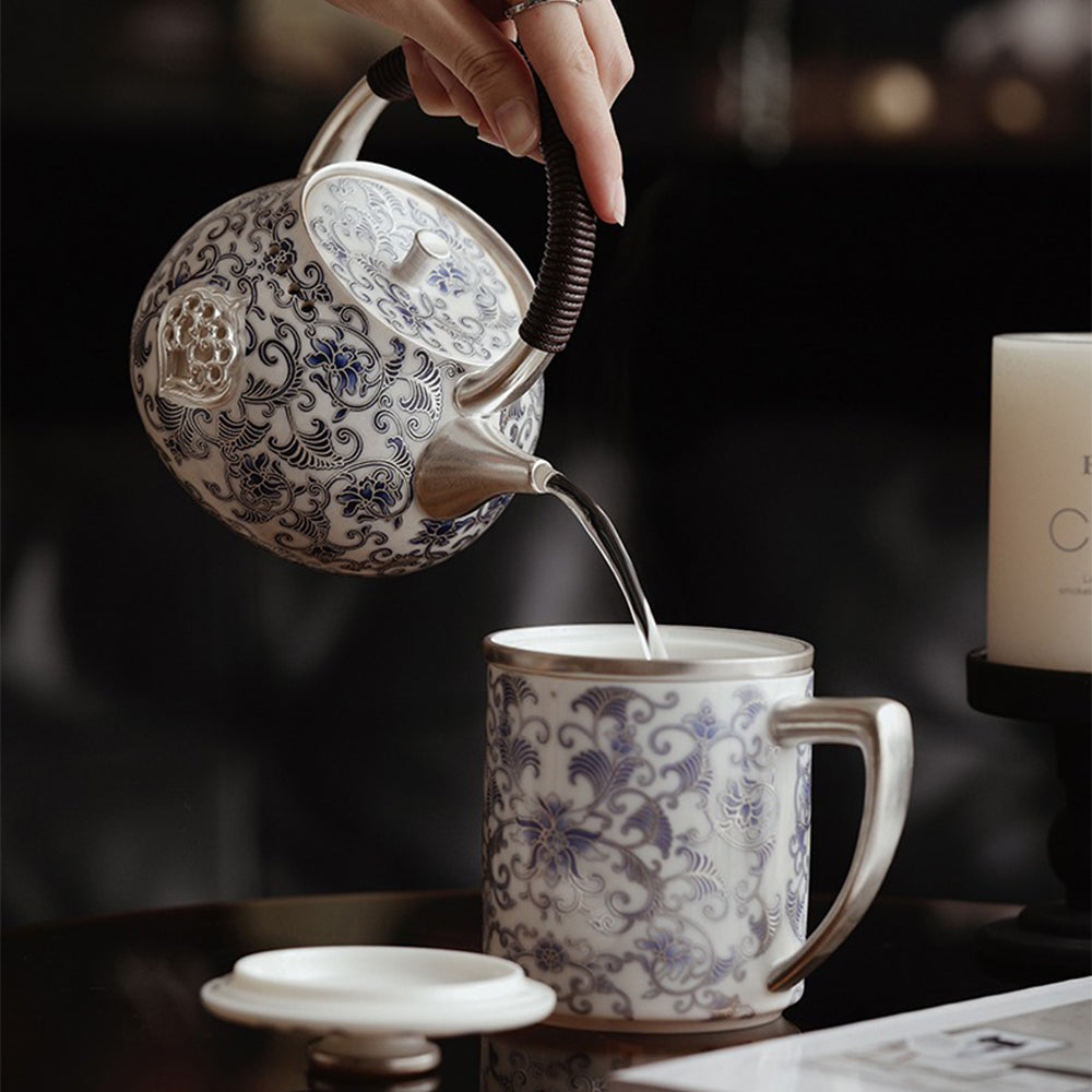 Silver-Gilt Blue And White Porcelain Chinese Teapot