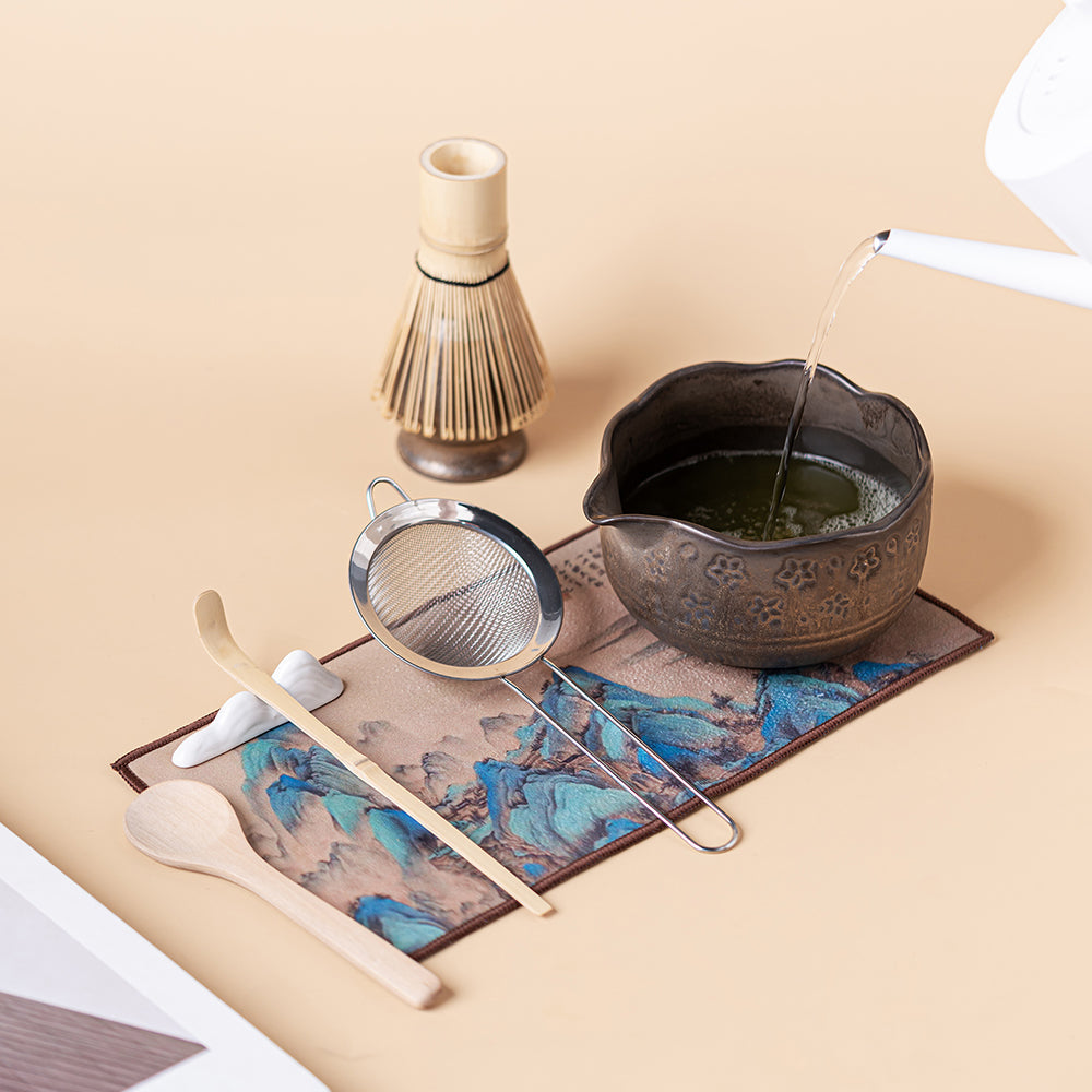 Japanese Coarse Pottery Flower Matcha Tea Set