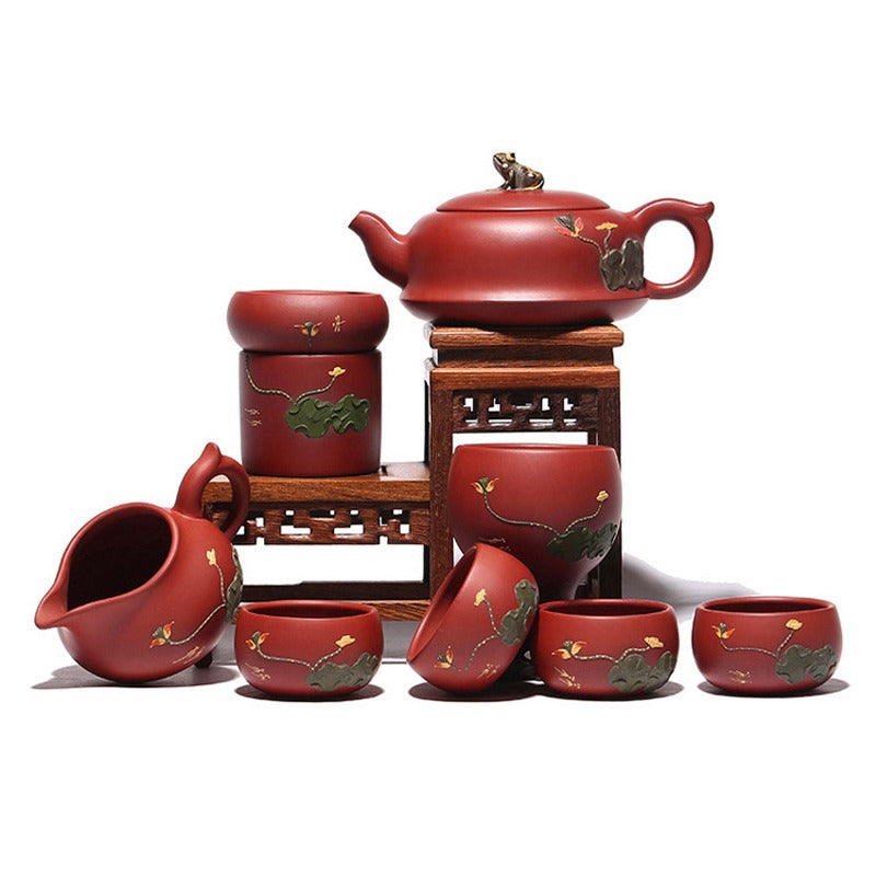 Handmade Yixing Red Clay Lotus Tea Set
