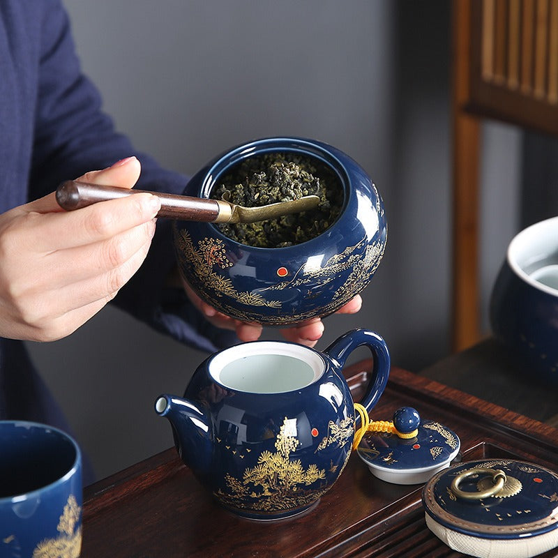 中式青花山水瓷茶具套装