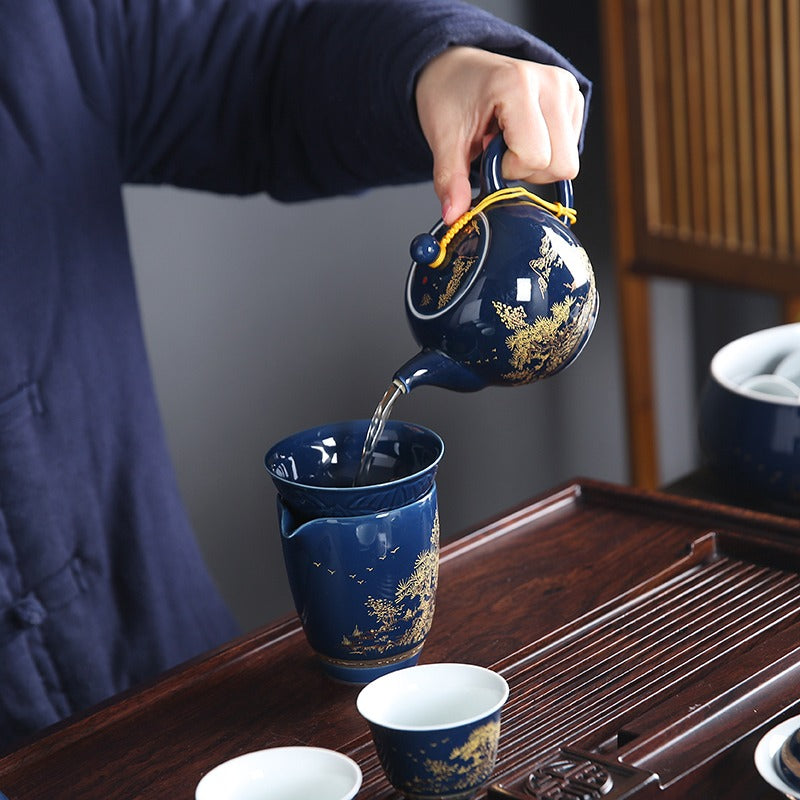 中式青花山水瓷茶具套装