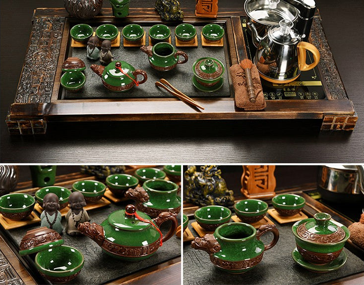 Ice Crack Tea Set With Fire Wood & Stone Tea Tray