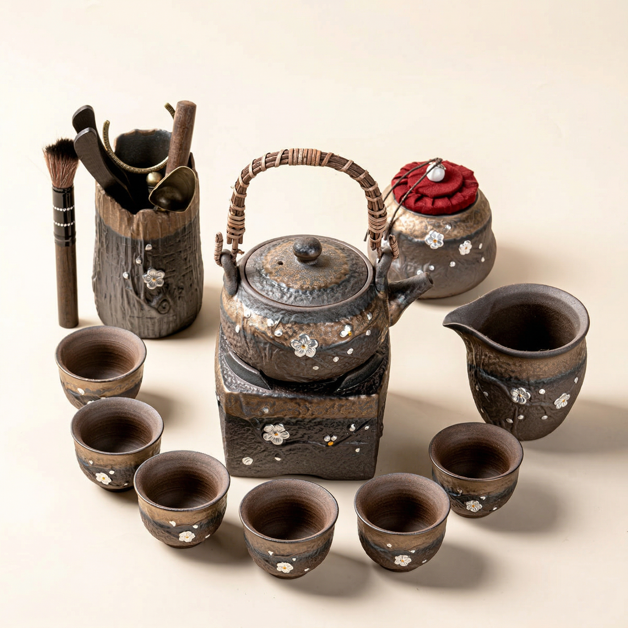 Japanese Pottery Gilded Iron Glaze Plum Blossoms Tea Set