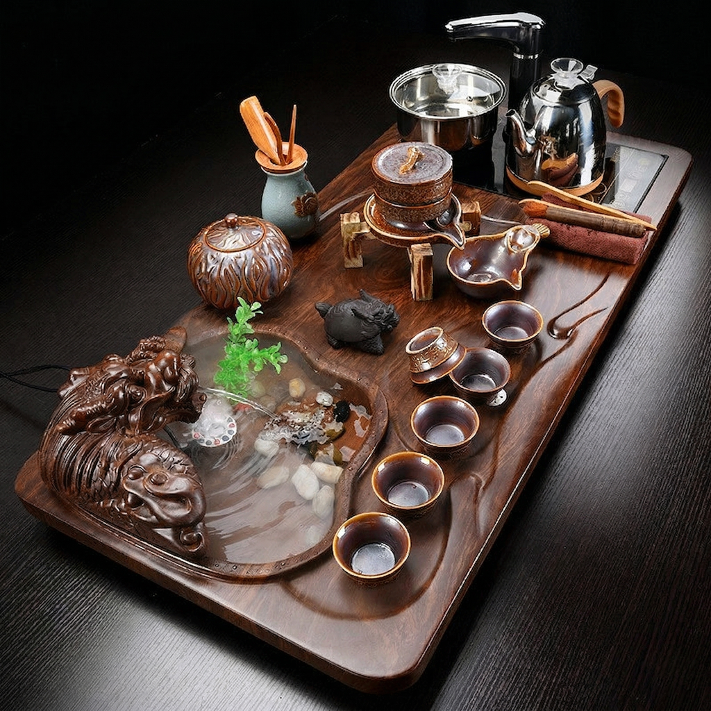 钧窑自动茶具带鱼池茶盘