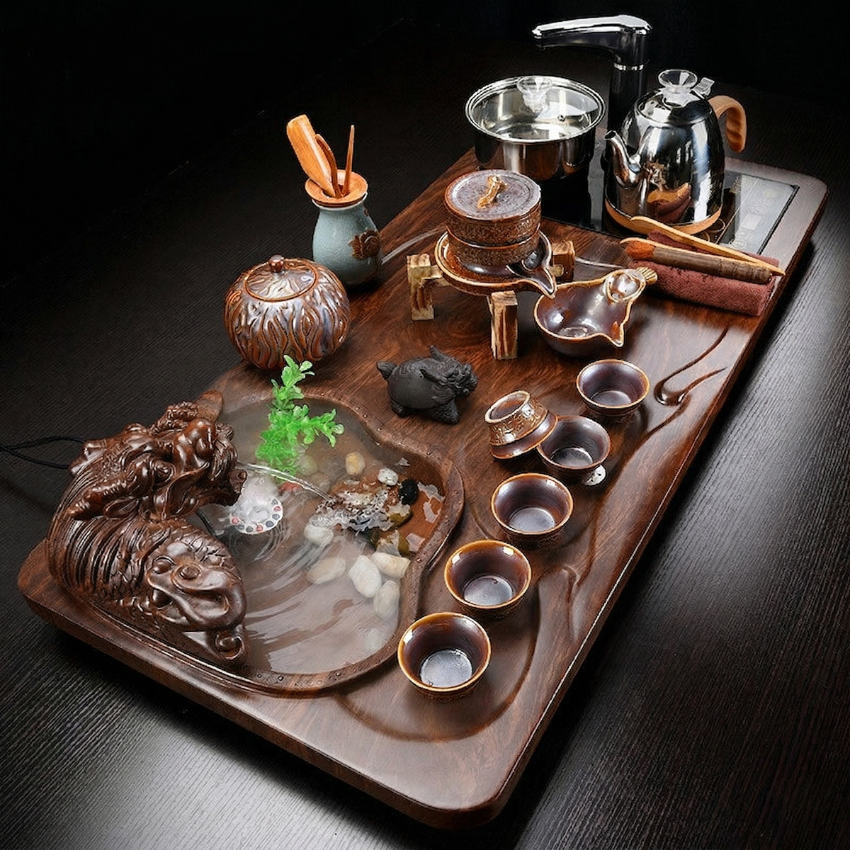 钧窑自动茶具带鱼池茶盘