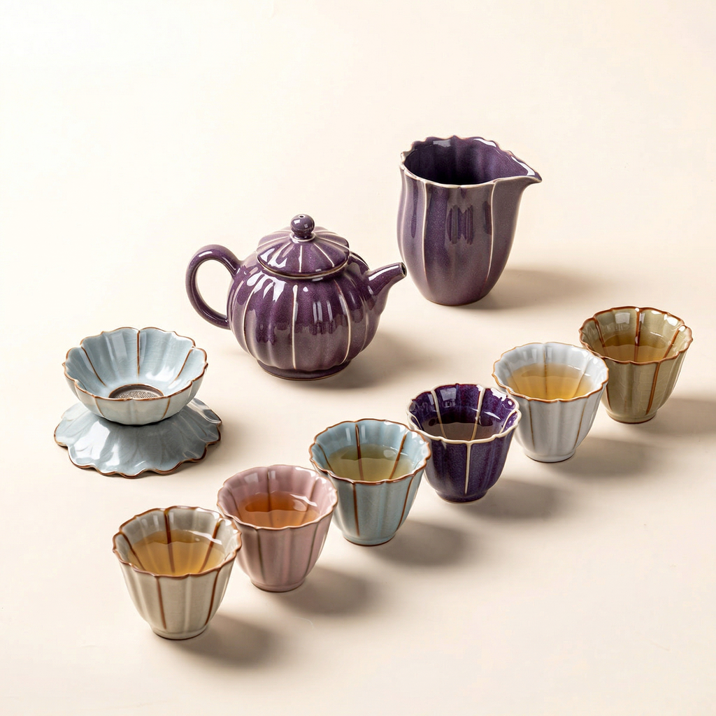 Chinese Jun Kiln Lotus Porcelain Tea Set