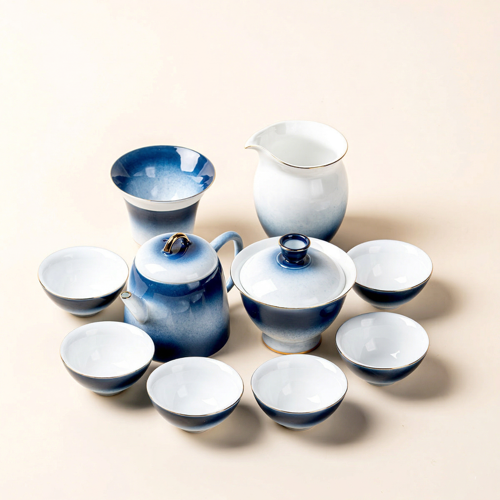 Gradient Blue Jade Porcelain Japanese  Tea Set