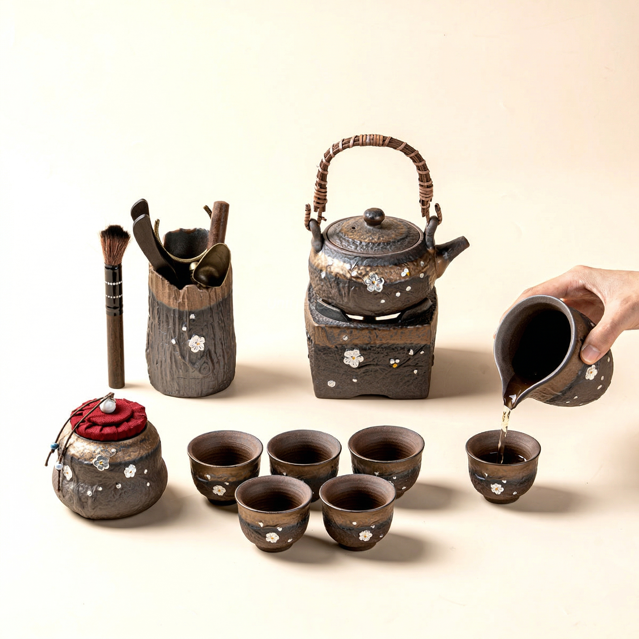Japanese Pottery Gilded Iron Glaze Plum Blossoms Tea Set