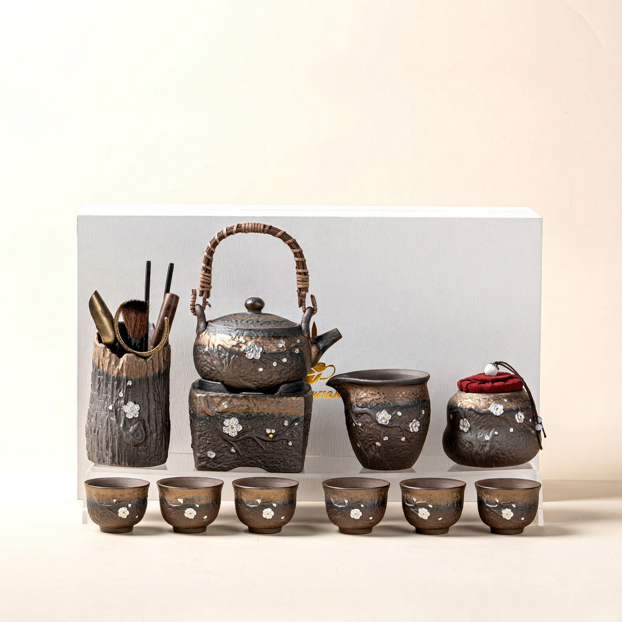 Japanese Pottery Gilded Iron Glaze Plum Blossoms Tea Set