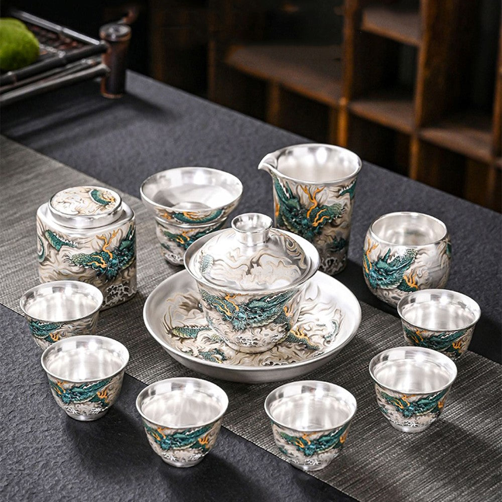 Azure Dragon Sterling Silver Chinese Tea Set