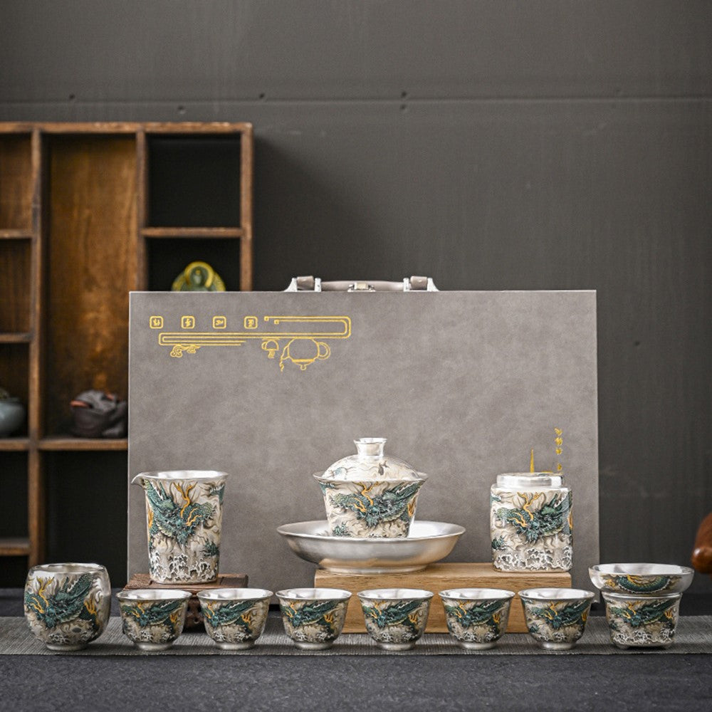 Azure Dragon Sterling Silver Chinese Tea Set