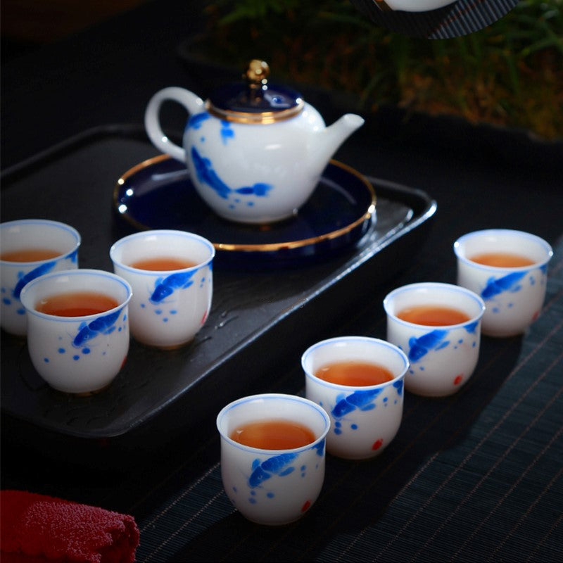 青花手绘金鱼茶具