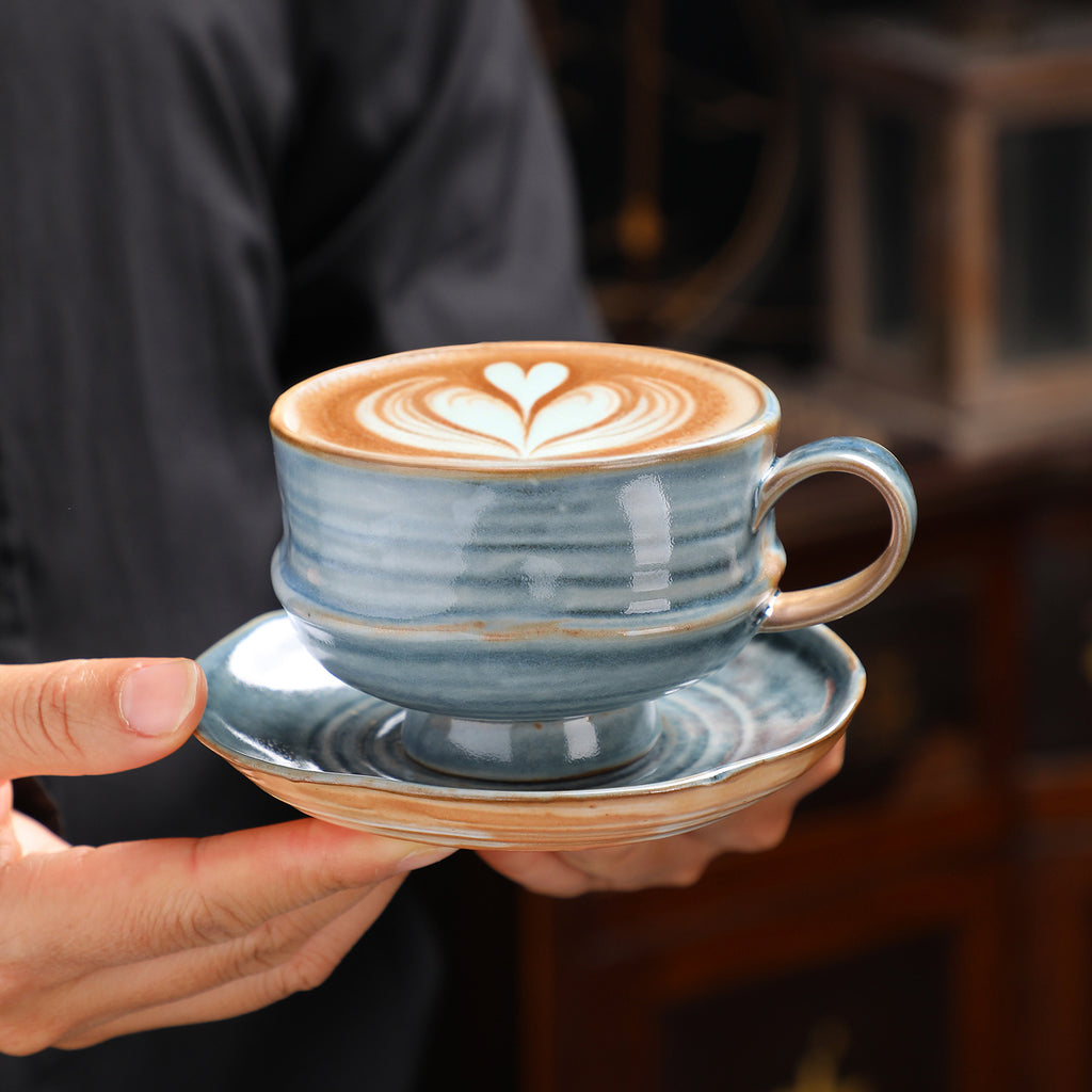 Kiln-Changed Vintage Ceramic Coffee Cup & Saucer Set – 180ml, Coarse Clay Texture