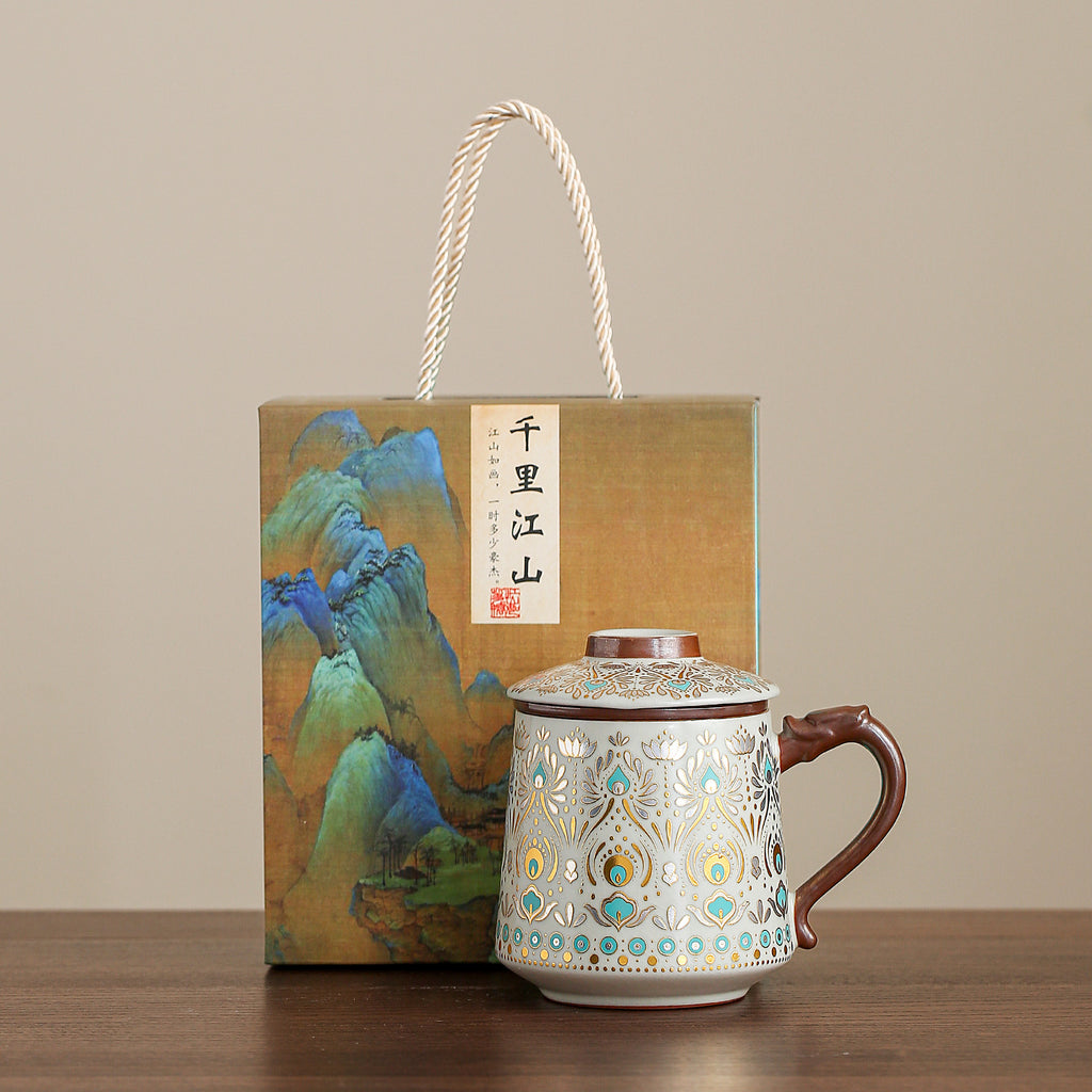 Ru Kiln Dunhuang Office Mug – Ceramic Chinese Tea Cup with Lid & Infuser, Gift Box Included