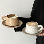 Stone Textured Ceramic Coffee Cup & Saucer Set – 280ml, Vintage White & Yellow