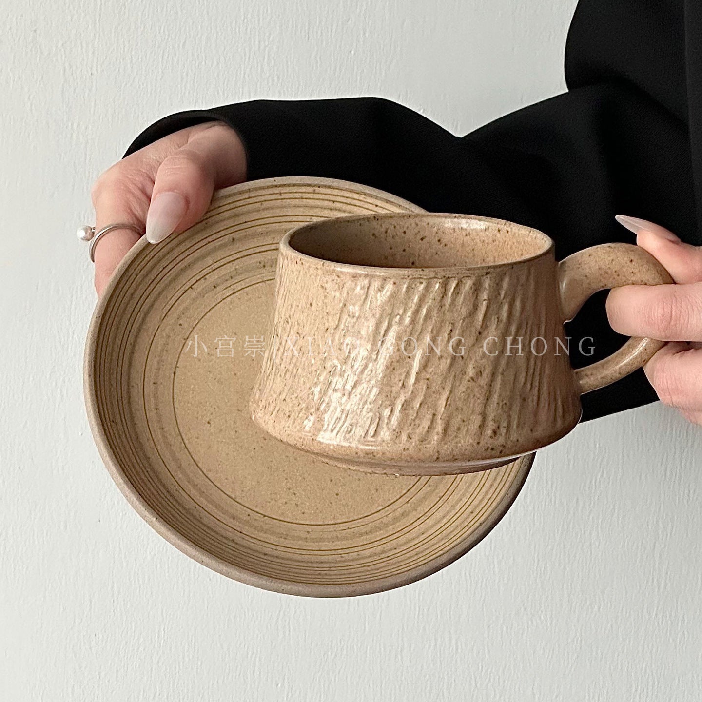 Stone Textured Ceramic Coffee Cup & Saucer Set – 280ml, Vintage White & Yellow