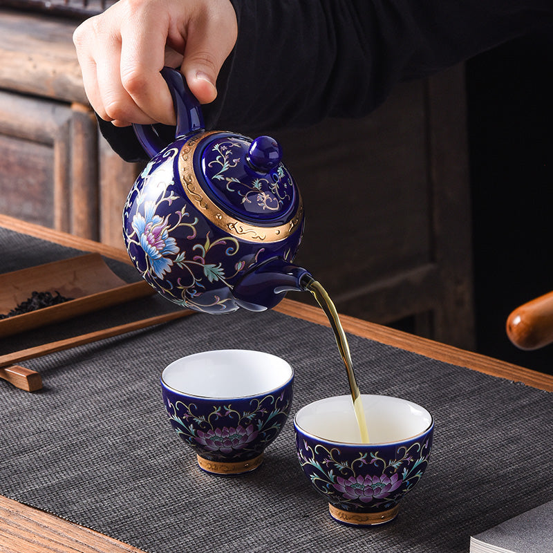Enamel Porcelain Chinese Tea Set With Inner Sterling Silver