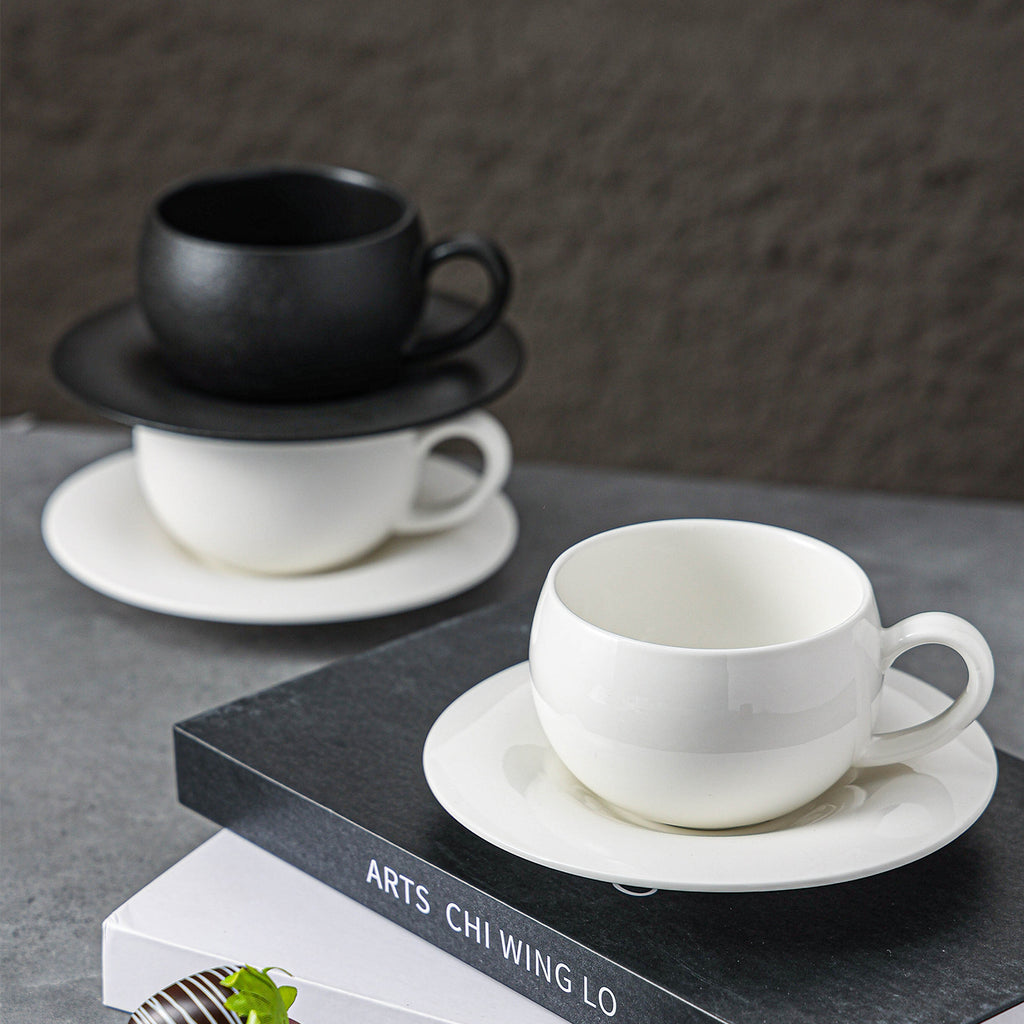 Glossy White Spherical Coffee Cup & Saucer Set – 300ml, Light Luxury