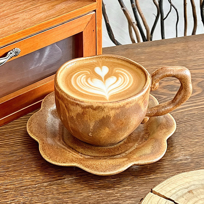 Japanese Vintage Ceramic Coffee Cup & Saucer – Kiln-Changed Glaze, 300ml (Caramel & Charcoal Brown)