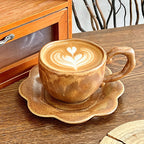 Japanese Vintage Ceramic Coffee Cup & Saucer – Kiln-Changed Glaze, 300ml (Caramel & Charcoal Brown)