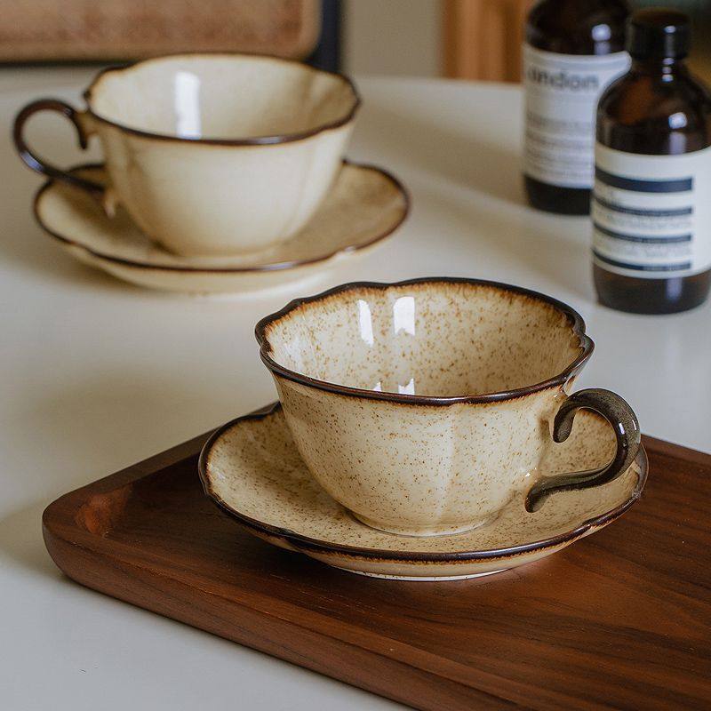 Vintage Kiln-Changed Glaze Coffee Cup & Saucer – 300ml (Light Caramel & Cyan Blue)