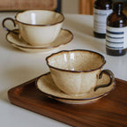 Vintage Kiln-Changed Glaze Coffee Cup & Saucer – 300ml (Light Caramel & Cyan Blue)