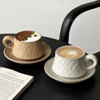 Stone Textured Ceramic Coffee Cup & Saucer Set – 280ml, Vintage White & Yellow