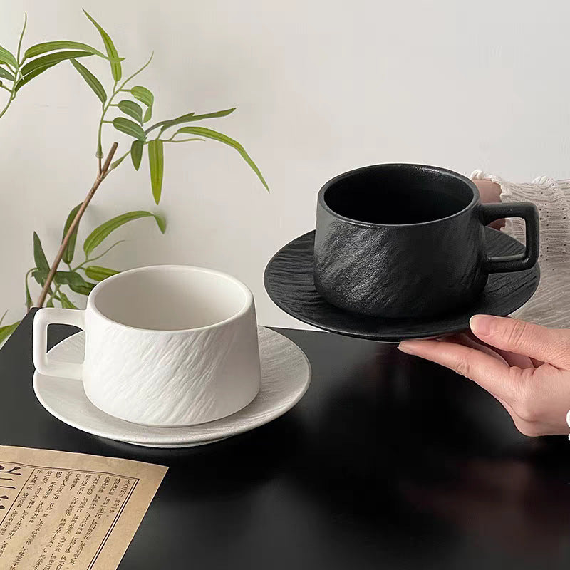 Matte Stone Texture Coffee Cup & Saucer Set – 230ml, Black & White