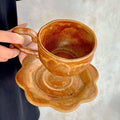 Japanese Vintage Ceramic Coffee Cup & Saucer – Kiln-Changed Glaze, 300ml (Caramel & Charcoal Brown)