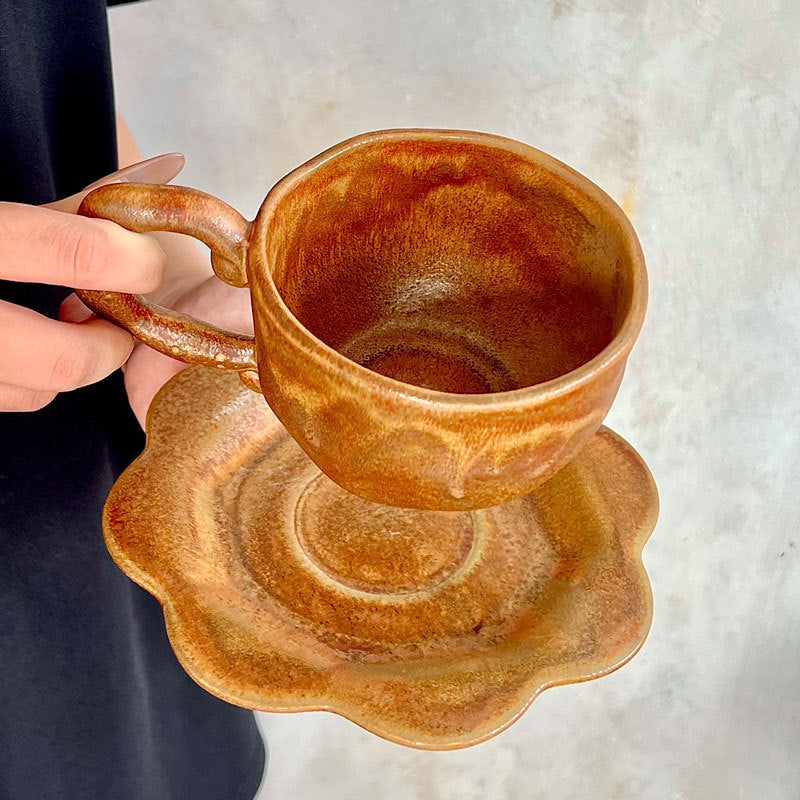 Japanese Vintage Ceramic Coffee Cup & Saucer – Kiln-Changed Glaze, 300ml (Caramel & Charcoal Brown)