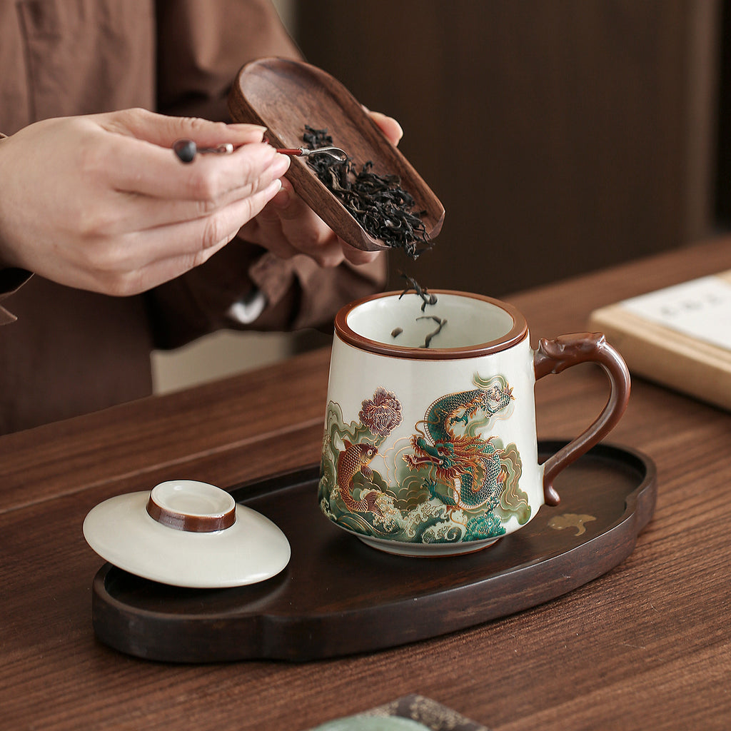 Ru Kiln Dunhuang Office Mug – Ceramic Chinese Tea Cup with Lid & Infuser, Gift Box Included