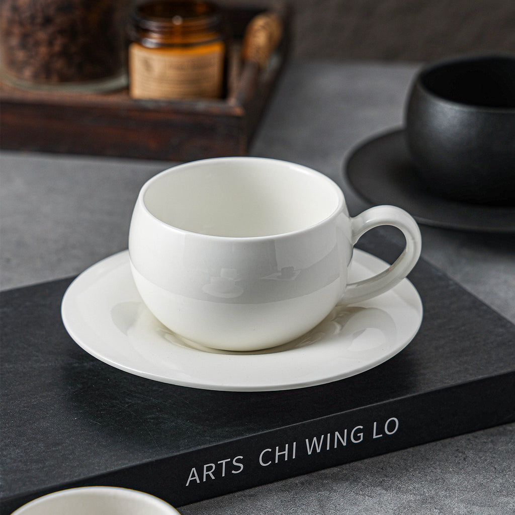 Glossy White Spherical Coffee Cup & Saucer Set – 300ml, Light Luxury