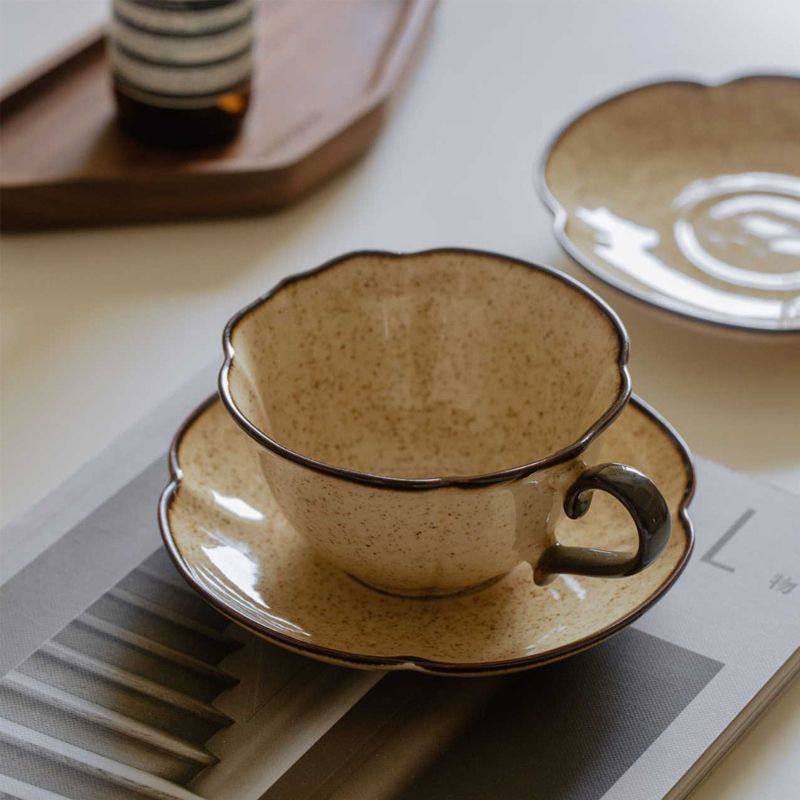 Vintage Kiln-Changed Glaze Coffee Cup & Saucer – 300ml (Light Caramel & Cyan Blue)