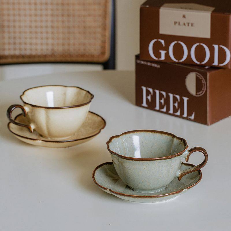 Vintage Kiln-Changed Glaze Coffee Cup & Saucer – 300ml (Light Caramel & Cyan Blue)