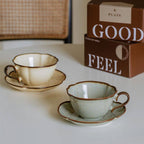 Vintage Kiln-Changed Glaze Coffee Cup & Saucer – 300ml (Light Caramel & Cyan Blue)