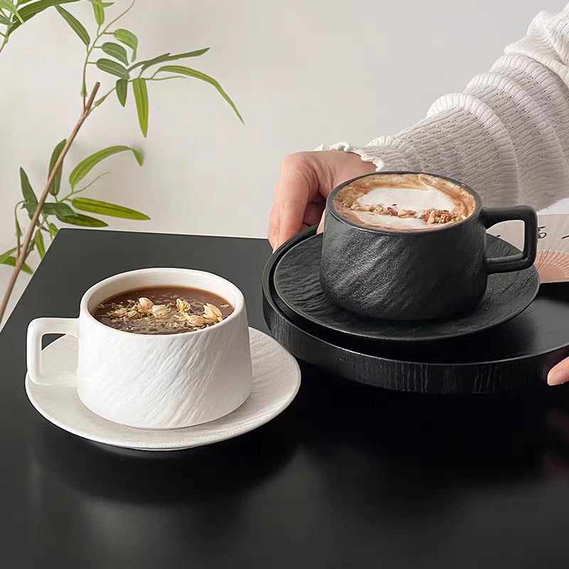 Matte Stone Texture Coffee Cup & Saucer Set – 230ml, Black & White