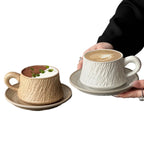 Stone Textured Ceramic Coffee Cup & Saucer Set – 280ml, Vintage White & Yellow