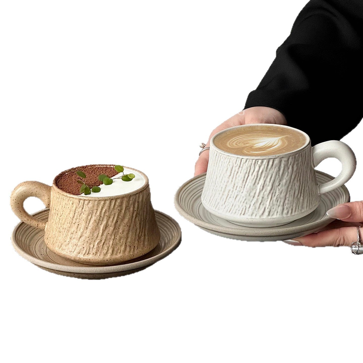 Stone Textured Ceramic Coffee Cup & Saucer Set – 280ml, Vintage White & Yellow