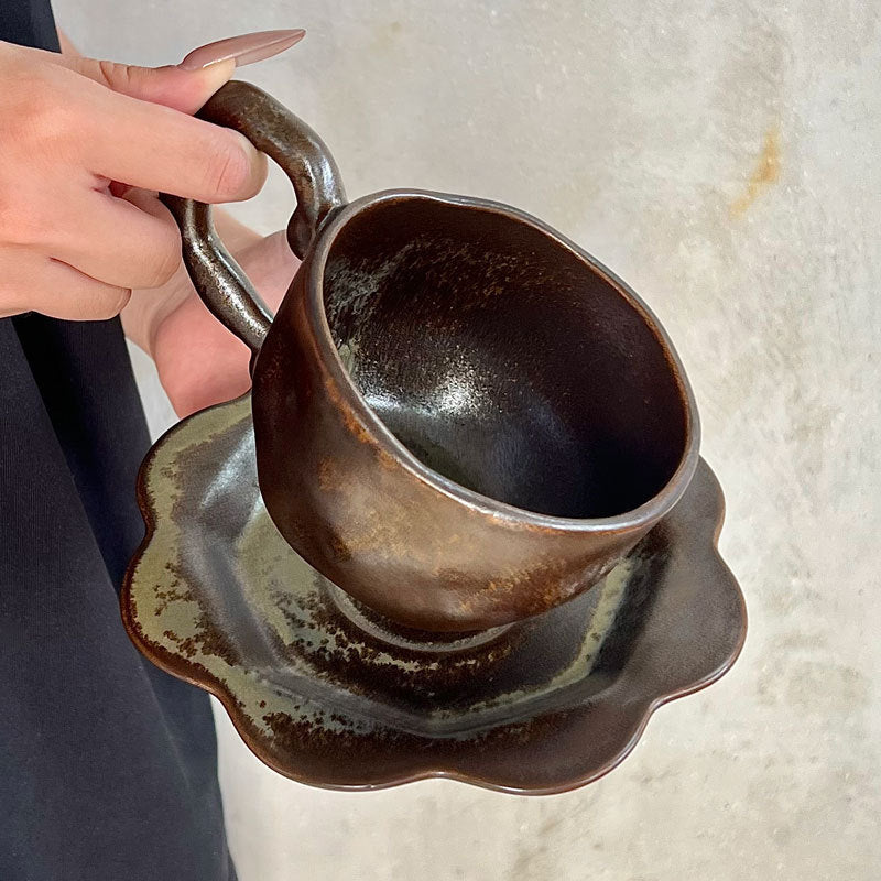 日式复古陶瓷咖啡杯碟套装 - 窑变釉，300毫升（焦糖色与炭棕色）